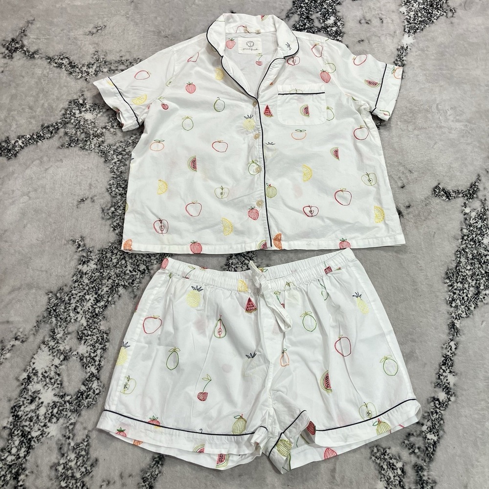 Printfresh Fruit Print Cotton Pajama Set Womens Large Button Shirt Shorts White